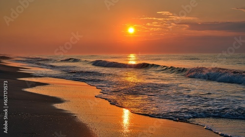 Serene Sunrise Over Calm Waves on Tranquil Beach with Reflection of Sunlight in Golden Sand and Gentle Surf