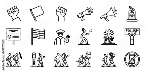 Protest Icons in Line Art Style Depicting Demonstrations Activism and Social Movements for Design Projects and Visual Storytelling