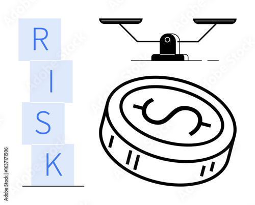 Coin, stacked RISK blocks, and balanced scale suggest financial risk, decision-making, or equilibrium. Ideal for business, finance, strategy balance investment caution and analysis. A simple flat
