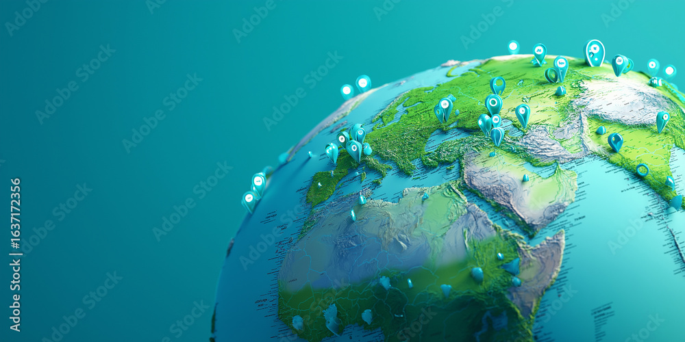 Fototapeta premium Modern globe with various countries marked by location pins, highlighting geographic diversity and connectivity. vibrant colors and detailed topography evoke sense of exploration and global