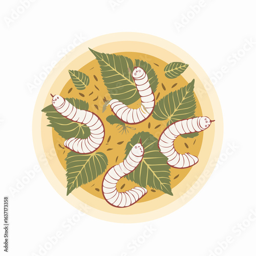桑の葉を食べる蚕の養蚕農業ベクターイラスト