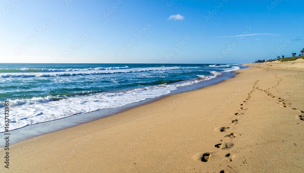 Fototapeta premium 広角で捉えた静かな海辺の風景に、砂に残る足跡が波打ち際へと続き、穏やかな自然の美しさを映し出すシーン