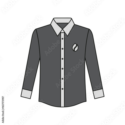 Illustration of a formal dark gray shirt with long sleeves, a contrasting white collar and cuffs, and a small chest logo.