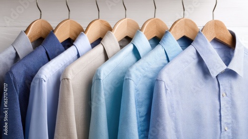 Row of Elegant Dress Shirts on Hangers in Soft Colors for Fashion and Style Inspiration