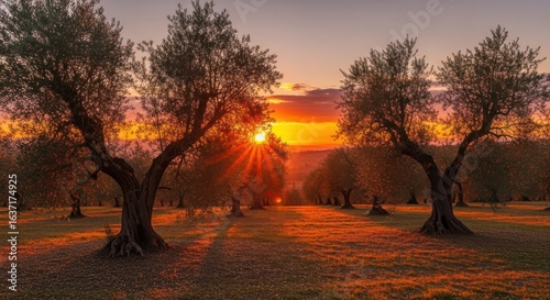 Fototapeta Naklejka Na Ścianę i Meble -  Picturesque olive grove bathed in the warm glow of a breathtaking sunset