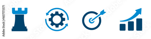 Chess piece, gear, target, growth chart icons for strategy, automation, goal, growth.
