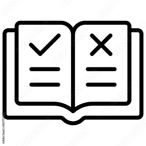 Rulebook Outline Icon Design Vector - Open book with check and cross marks, symbolizing guidelines, rules, or decision-making criteria