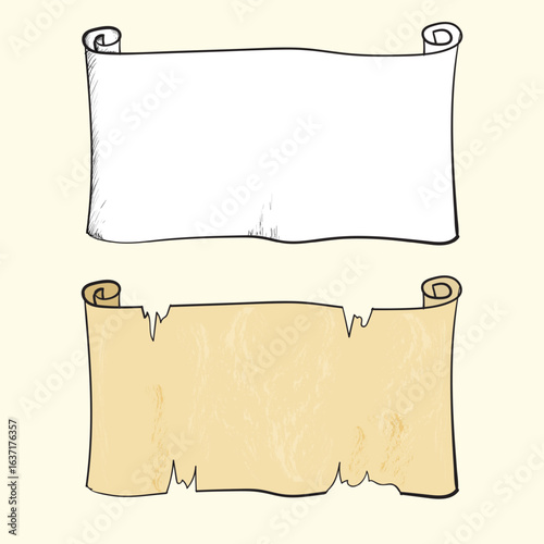Old parchment scroll illustration set in outline and colored version, vintage paper design for invitations, treasure maps, and ancient documents.

