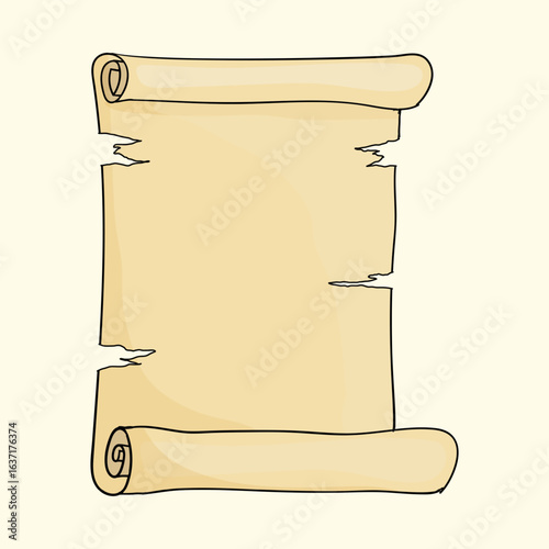 Old parchment scroll illustration set in outline and colored version, vintage paper design for invitations, treasure maps, and ancient documents.

