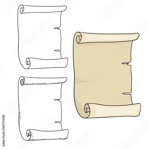 Old parchment scroll illustration set in outline and colored version, vintage paper design for invitations, treasure maps, and ancient documents.

