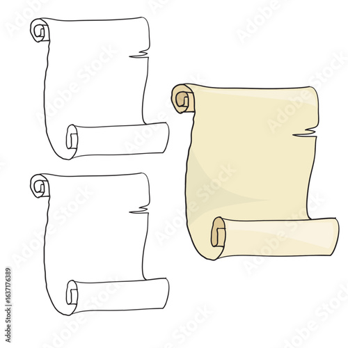 Old parchment scroll illustration set in outline and colored version, vintage paper design for invitations, treasure maps, and ancient documents.

