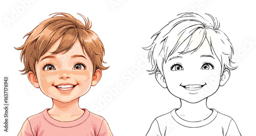 Realistic smiling boy portrait with matching black-and-white outline for coloring and art reference