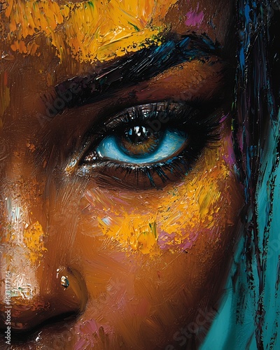 Close up artistic painting of a woman's face with vibrant colors and striking blue eye detail focus