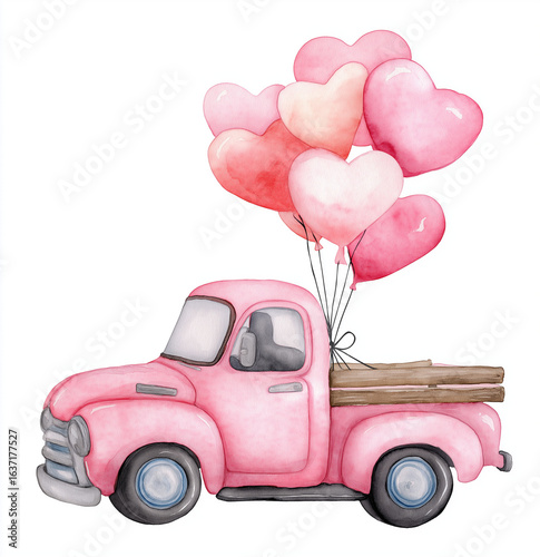 A pink vintage truck carrying heart shaped balloons on a white background