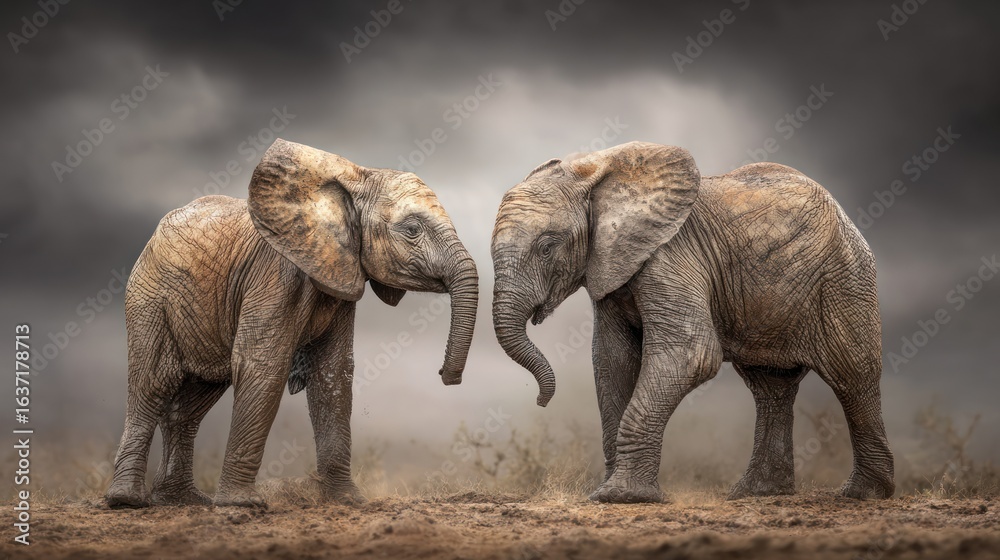 Fototapeta premium Two young elephants facing each other in a dramatic landscape