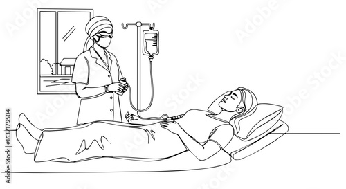 Patient care in hospital with nurse monitoring IV drip in ward. This scene depicts patient care and observation by nurse in hospital room, ensuring continuous medical attention.