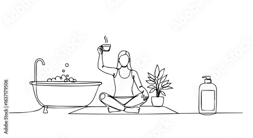 Single line art showing relaxing woman, enjoying serene moment with cup of tea in bathroom. Relaxing woman is meditating in lotus position after a soothing bath, promoting well-being and calmness.