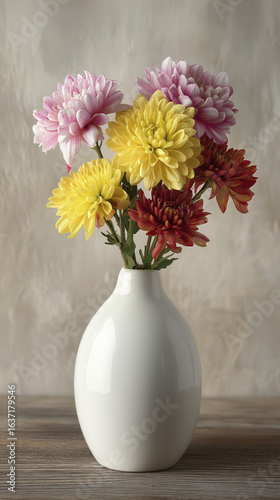 Wallpaper Mural White ceramic vase with pink yellow and red chrysanthemum flowers wooden surface against neutral background. Bright and colorful floral Torontodigital.ca