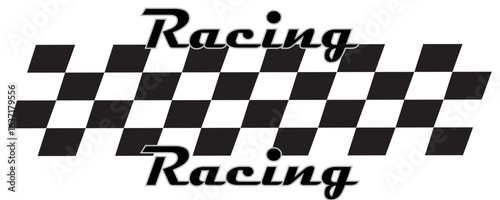 Black and white racing flag pattern with bold italic 'Racing' text – perfect for motorsport, car race, speed event, and automotive-themed designs.