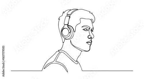 Line drawing portrays a Man with headphones, showcasing minimal graphic design and auditory connection. Man listens to music with modern headset, focusing on sound.