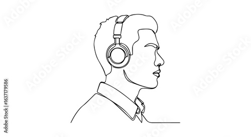 Man listening, shown in continuous line art on white backdrop, conveys a modern vibe. Man listening to music, focusing, is sketched in simple artistic way,
