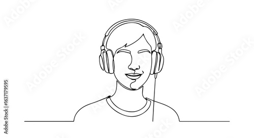 Minimalist line art portrait showcasing person with headphones in single stroke, representing listening to music and enjoying audio content. One line drawing suggests simplicity.
