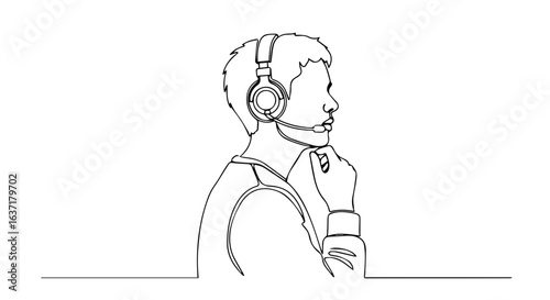 Continuous line drawing of person with headset in thoughtful pose, an isolated illustration. Continuous line drawing illustrates concentration and focus, hand-to-chin and thoughtful expression.