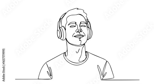 Continuous line drawing of man wearing headphones, enjoying music with closed eyes and relaxed expression. Continuous line shows concentration, peace, and contentment.