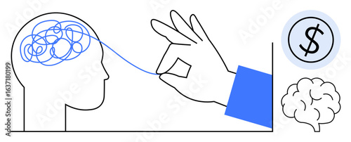 Hand untangling complex lines from brain, dollar sign, and brain icon, suggesting clarity, problem-solving, and decision-making. Ideal for finance, innovation, mental focus strategy creativity
