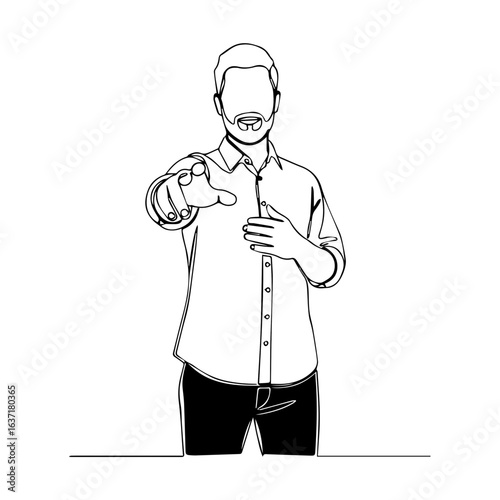 Single line drawing illustration of man pointing his finger at camera with serious gaze and shirt. Single line drawing presentation highlights individual leadership, accountability, or direction.