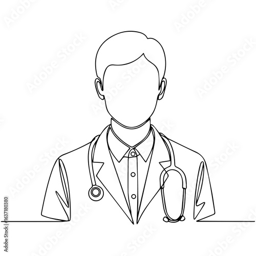 Doctor one line drawing featuring coat with stethoscope as medical uniform. Doctor profession in continuous line art shows physician or general practitioner.