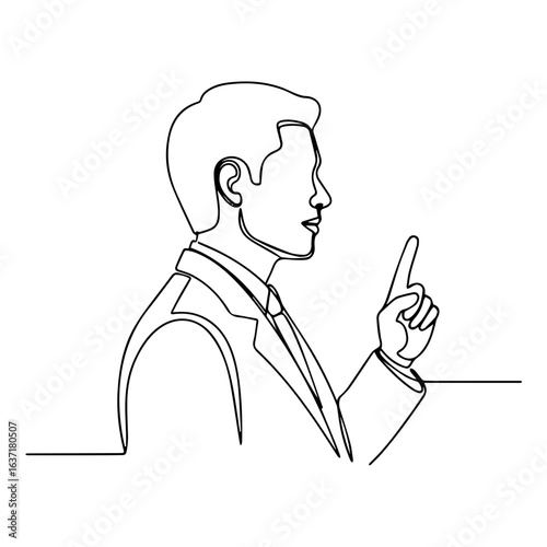 Elegant business illustration with simple line art of professional executive in black and white. Depicting business illustration, person in suit raises his index finger,