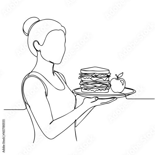 Line art of woman with sandwich and apple for diet doctor advice. Diet doctor recommendation includes healthy sandwich and fruit on plate.