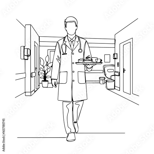 Diet doctor carries food tray, walking through hospital hallway in professional uniform. Diet doctor providing meal service, conveying concern and healthcare.