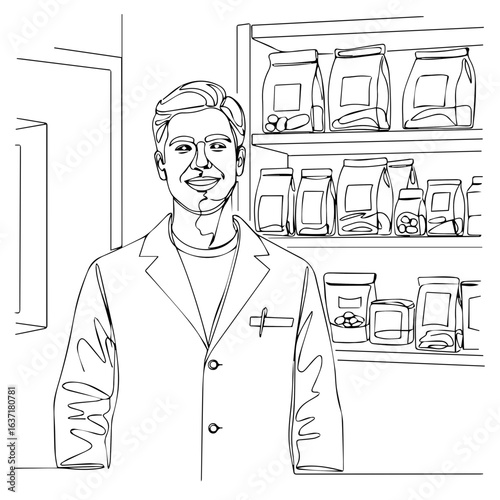 Diet doctor in clinic, with medical coat and line art drawing. Diet doctor service ensures health and wellness with professional guidance.