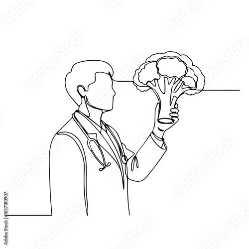 Doctor holds broccoli in continuous line drawing illustration. Diet doctor examines fresh broccoli for dietary health, showing benefits of vegetables.