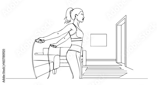 Fitness at home, woman works out with skipping rope and stretches arms in fitness at home. Home interior includes minimalist decor with doorway, window, and furniture as she maintains fitness at home.