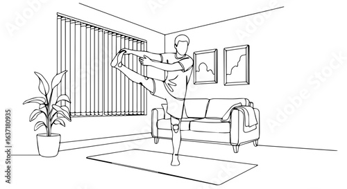 Practicing fitness at home, doing balance pose, with yoga mat and sofa, in modern living room. Fitness at home concept shows man exercising at home with sofa, yoga mat, and plant.