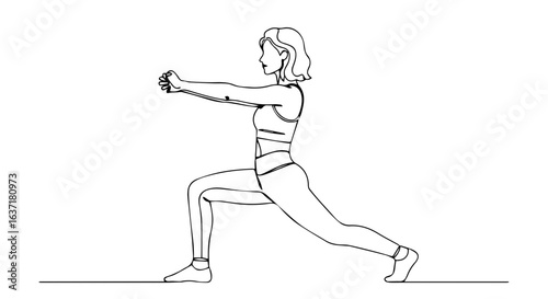 Fitness at home represented by line art drawing of a woman doing lunges with dumbbells in minimalist design. Demonstrating fitness at home and a healthy lifestyle,