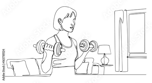 Fitness at home with focused woman lifting dumbbells in her living room, fitness at home to build up strength. Home fitness includes muscle training and concentration,