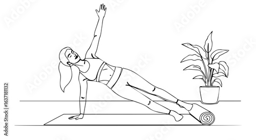 Fitness at home illustration shows girl doing plank pose on yoga mat in living room. Fitness at home is fun, girl in sportswear. Fitness at home for everyone.