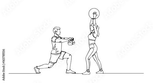 Fitness at home depicted in one line art of person doing lunges with kettlebell and another person lifting barbell above head. Fitness at home is about discipline and consistency. It shows dedication,