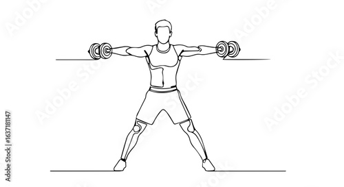 Line art drawing of man doing lateral raises with dumbbells, showing fitness routine. Fitness illustration features full body workout with man doing dumbbell exercise.
