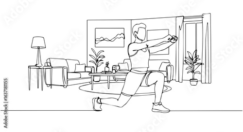 Fitness at home workout routine with man doing lunges in living room. Fitness at home includes exercises using resistance band. Simple fitness at home concept for online fitness classes,