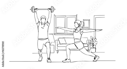 Fitness at home workout session with man lifting weights and woman doing yoga poses. Fitness at home routine includes strength training and flexibility exercises.  Couple enjoying fitness at home.