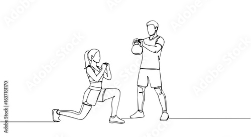 Fitness at home workout session with personal trainer. Woman performing lunges exercise while man holds kettlebell. Fitness at home routine for improved strength and endurance.