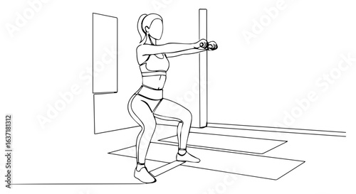 Fitness at home workout with woman performing squats using dumbbells. Home fitness routine includes simple exercises for strengthening legs and glutes.