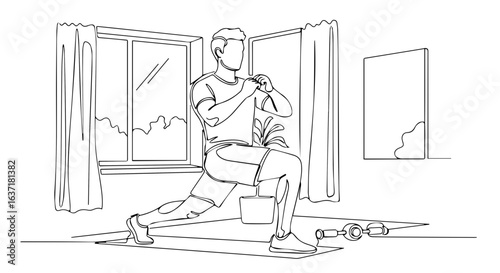 Fitness at home workout with man doing lunges. Home fitness routine includes simple exercises and equipment.  Concept home fitness for online courses and workout apps.
