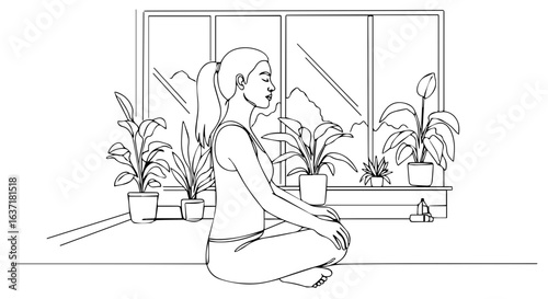Woman meditating in lotus pose near window with houseplants.  Peaceful morning meditation session in home environment.  Relaxation and mindfulness practice for inner peace.