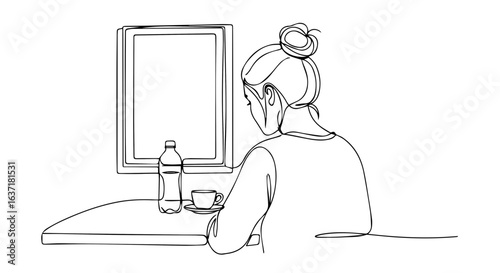 Woman sitting at table with drink and looking at mirror. Simple line drawing depicts woman enjoying quiet moment.  Concept image for relaxation, mindfulness, and self-reflection.